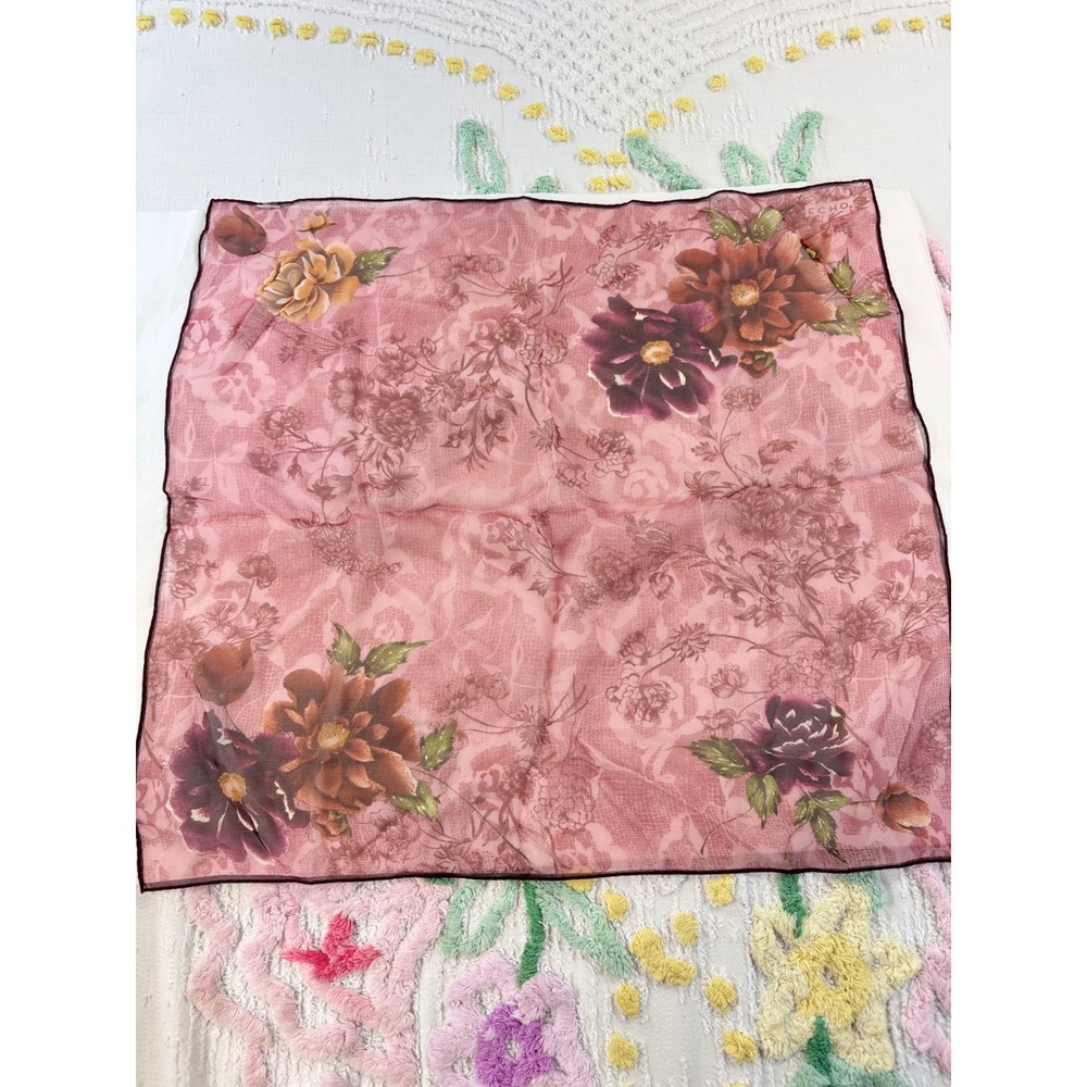 Echo Silk Square Scarf Pink Floral Chiffon Mauve Burgundy Sheer Neckerchief 21in - Picture 6 of 6